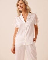Beaded Satin and Chiffon Short Sleeve Button-Down Shirt