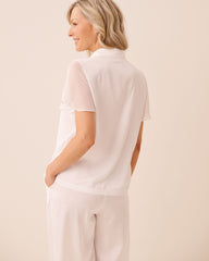 Beaded Satin and Chiffon Short Sleeve Button-Down Shirt