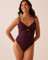BERRY BURGUNDY Crochet Tie-Front One-Piece Swimsuit