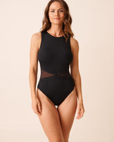 BLACK Mesh Insert High Neck One-piece Swimsuit