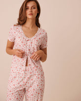 Hibiscus Print Pointelle Tie-Front Short Sleeve T-Shirt