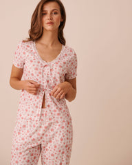 Hibiscus Print Pointelle Tie-Front Short Sleeve T-Shirt