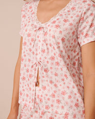 Hibiscus Print Pointelle Tie-Front Short Sleeve T-Shirt