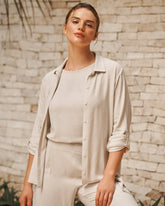 Rayon-Linen Roll-up Sleeve Button-down Shirt