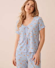 Peach Print Pointelle Tie-Front Short Sleeve T-shirt