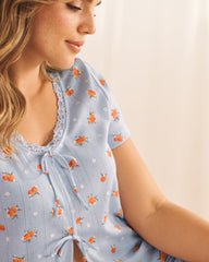 Peach Print Pointelle Tie-Front Short Sleeve T-shirt