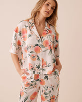 Peach Print Satin Short Sleeve Button-down Shirt