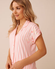 Floral Stripe Print Super Soft Short Sleeve Button-down Shirt