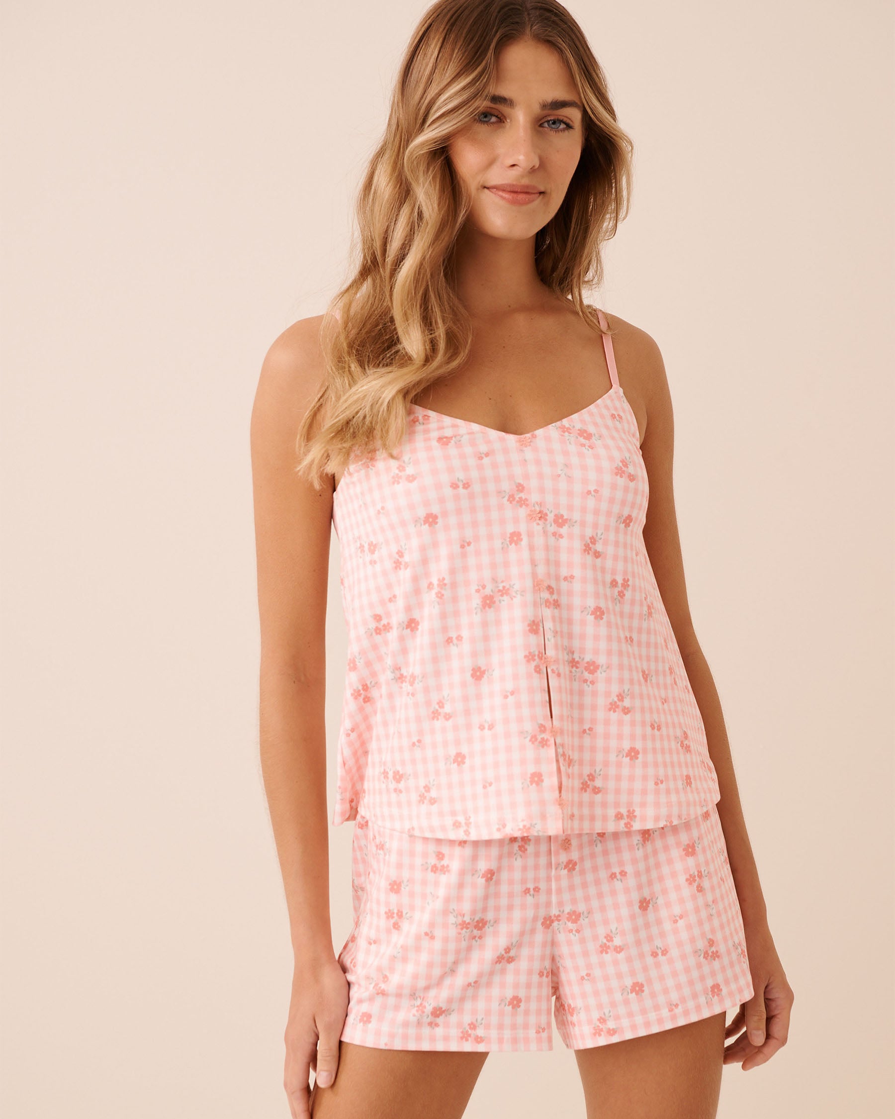 Floral Gingham Print Super Soft Cami Top with Shelf Bra