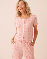 Floral Print Ruffle Hem Pointelle Short Sleeve T-shirt