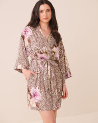 Floral Leopard Print Satin Kimono