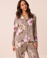 Floral Leopard Print Satin Long Sleeve Button-down Shirt