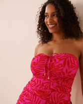 TROPICAL FUCHSIA D Cup Tie Front Bandeau Tankini Top