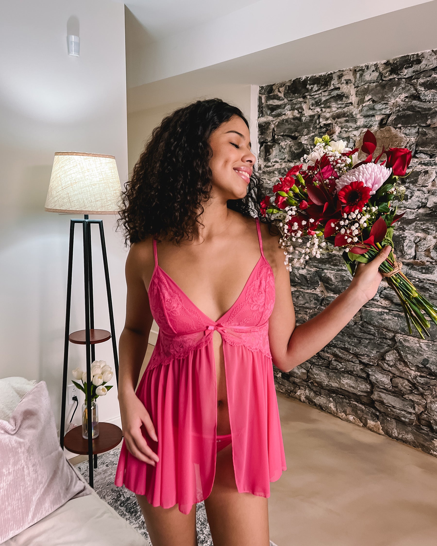 Open Front Floral Lace and Mesh Babydoll