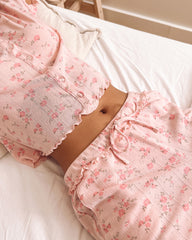 Floral Print Ruffle Hem Pointelle Pajama Pants