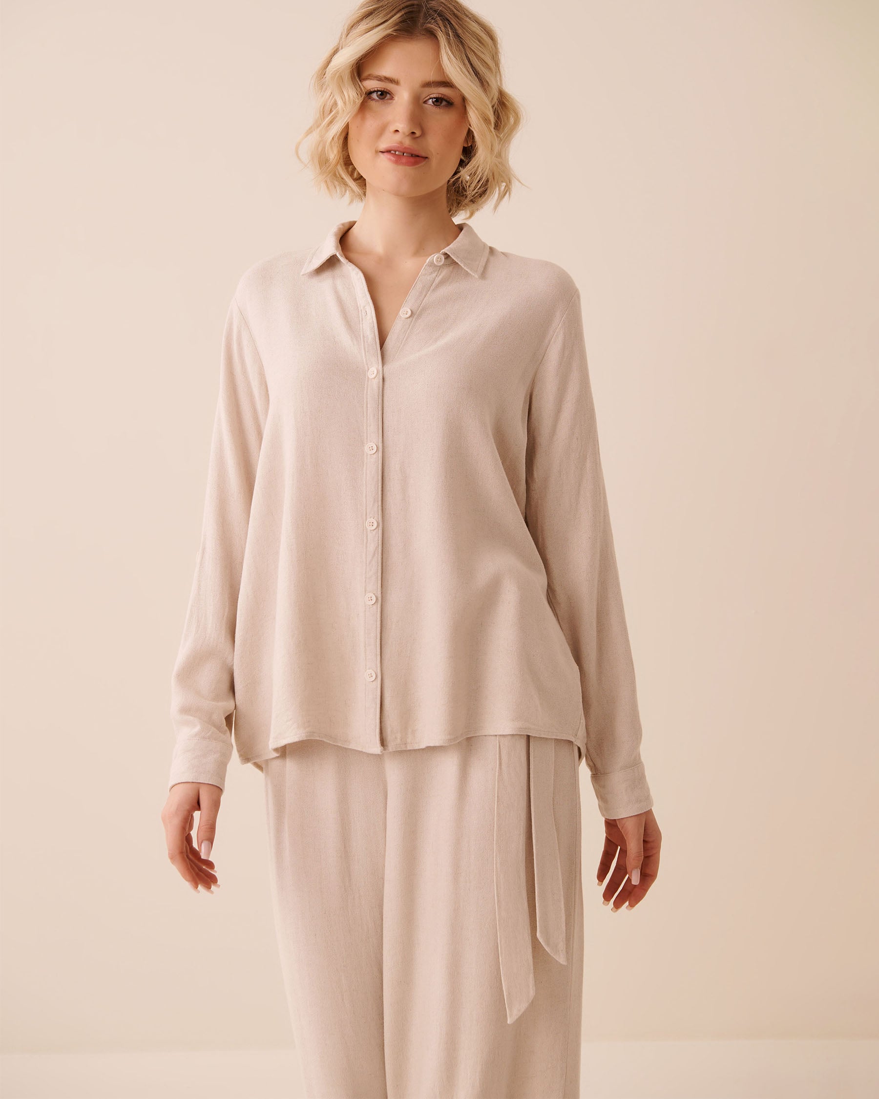 Rayon-Linen Roll-up Sleeve Button-down Shirt