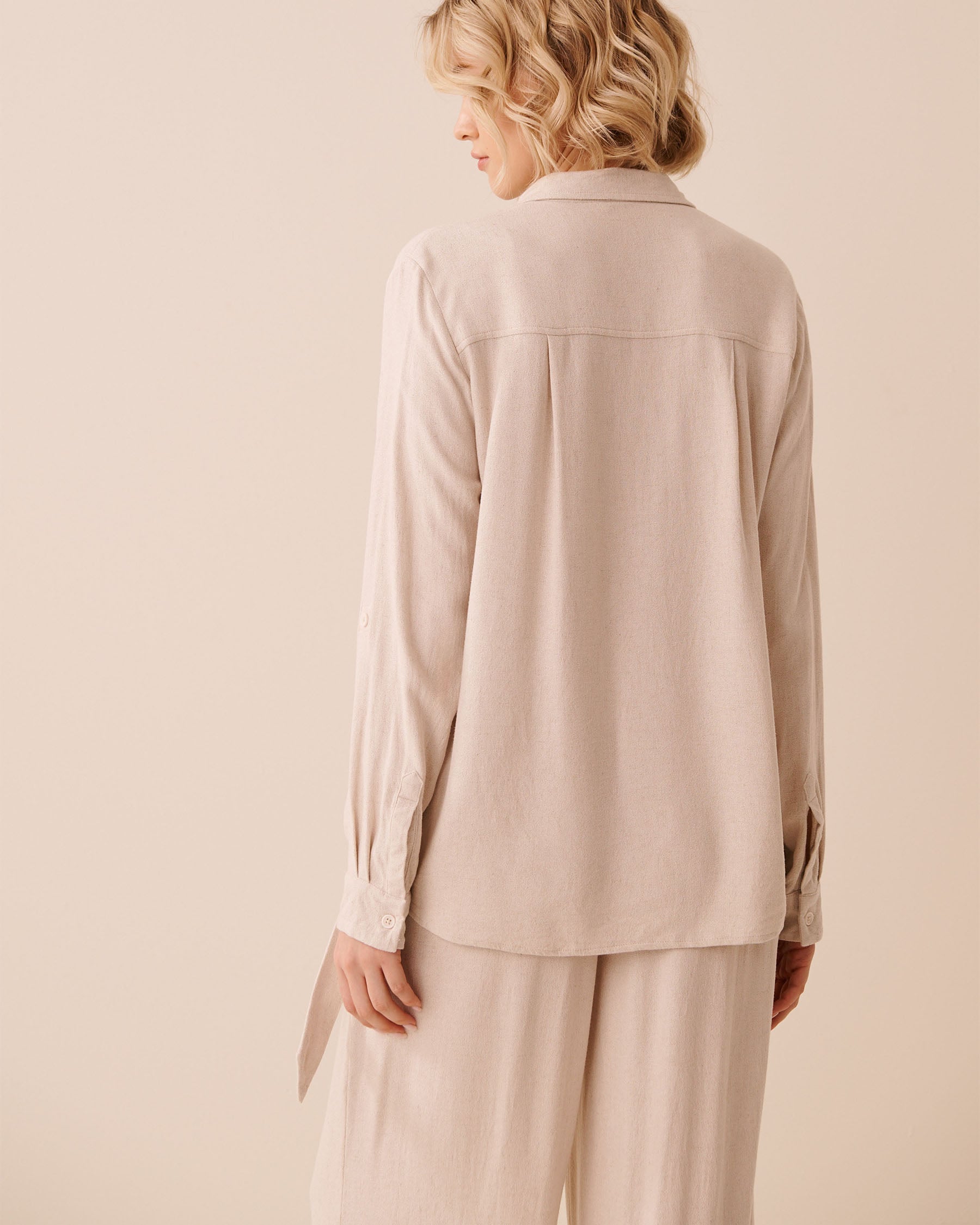 Rayon-Linen Roll-up Sleeve Button-down Shirt