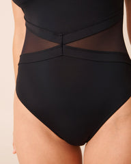 BLACK Mesh Insert High Neck One-piece Swimsuit