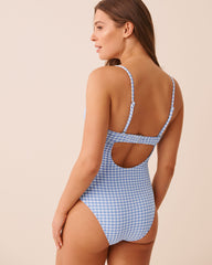 BLUE GINGHAM Ruched Plunge One-piece Swimsuit