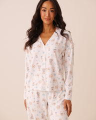Dog Print Soft Knit Long Sleeve Button-down Top