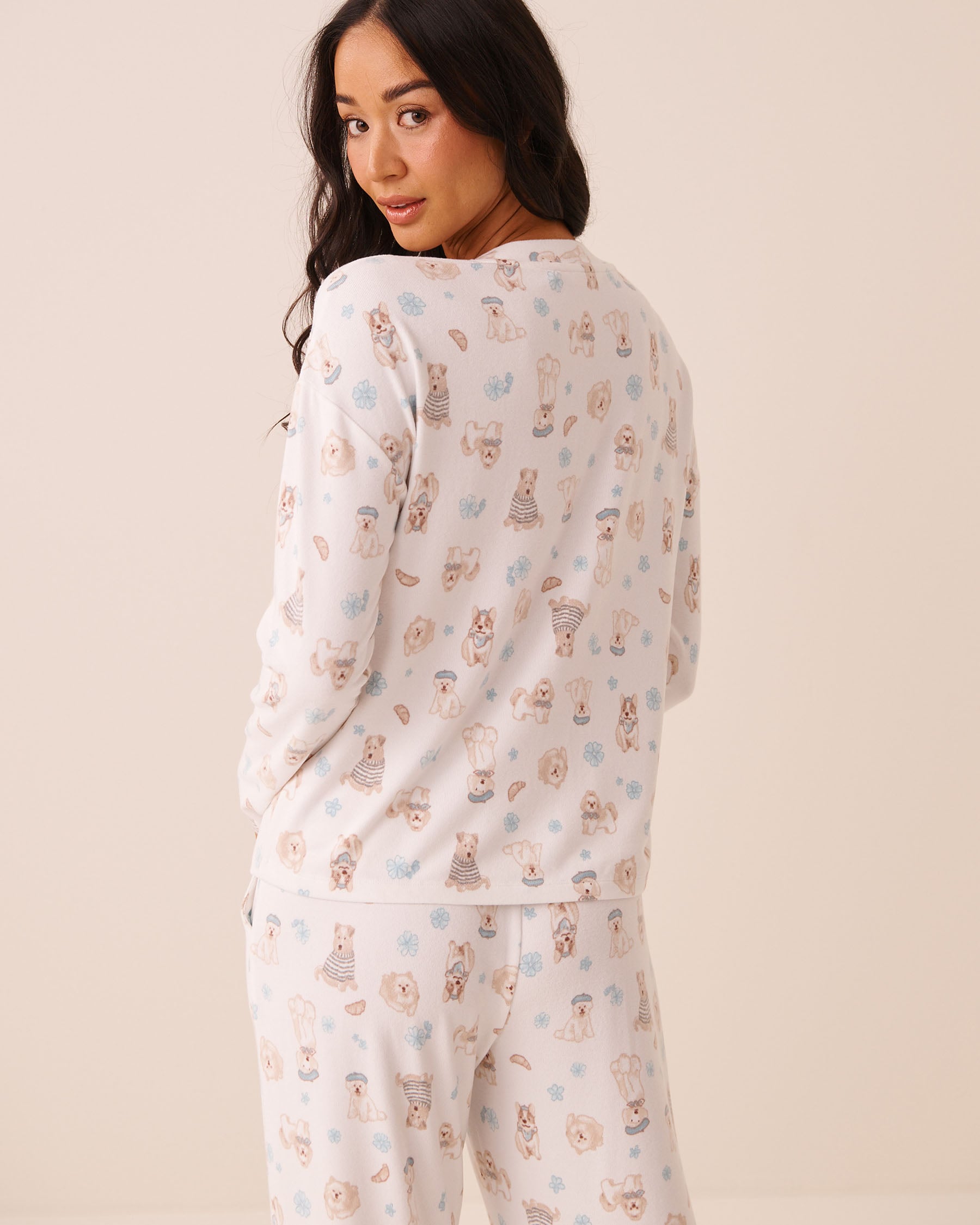Dog Print Soft Knit Long Sleeve Button-down Top