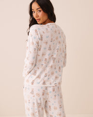 Dog Print Soft Knit Long Sleeve Button-down Top