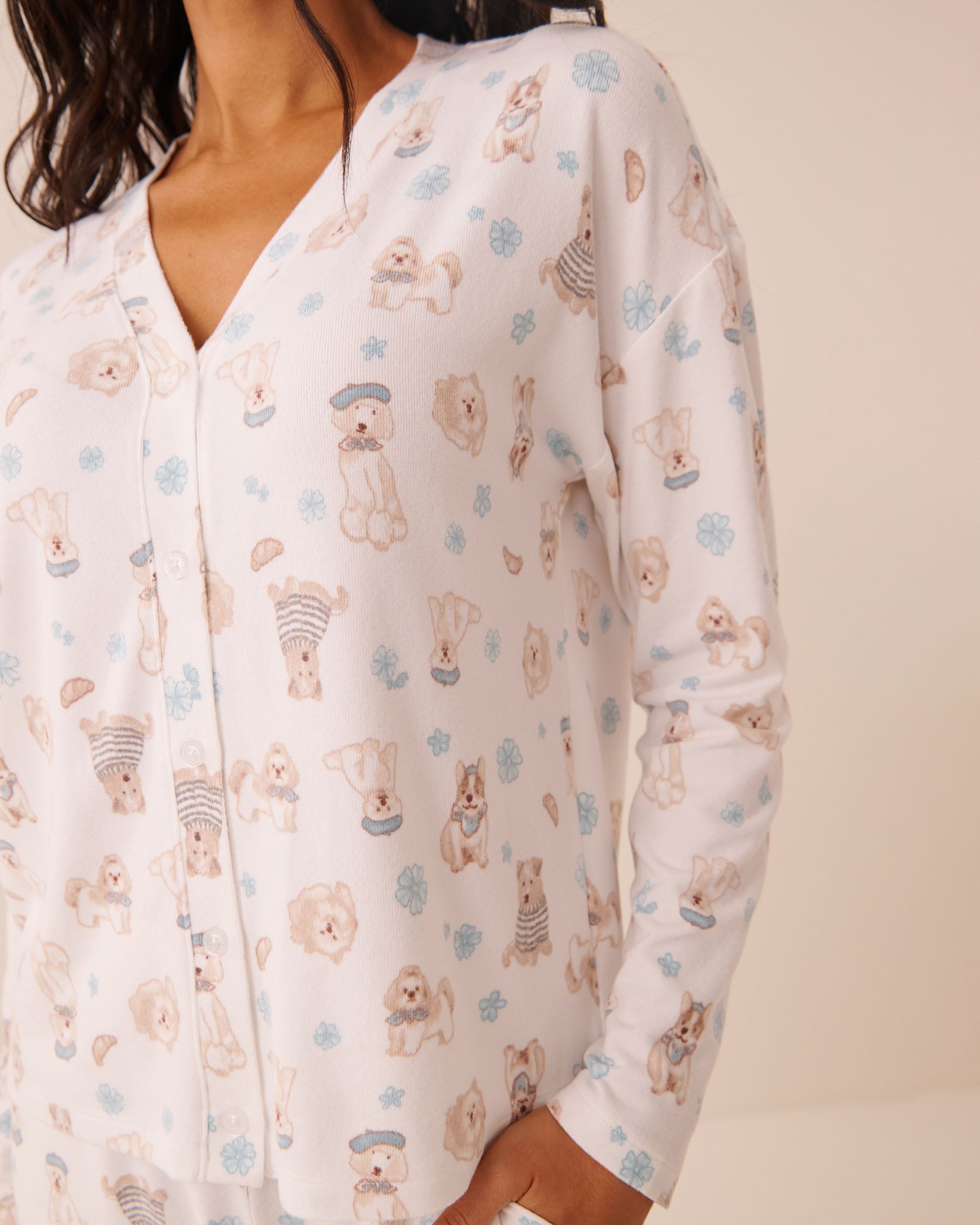 Dog Print Soft Knit Long Sleeve Button-down Top