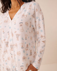 Dog Print Soft Knit Long Sleeve Button-down Top