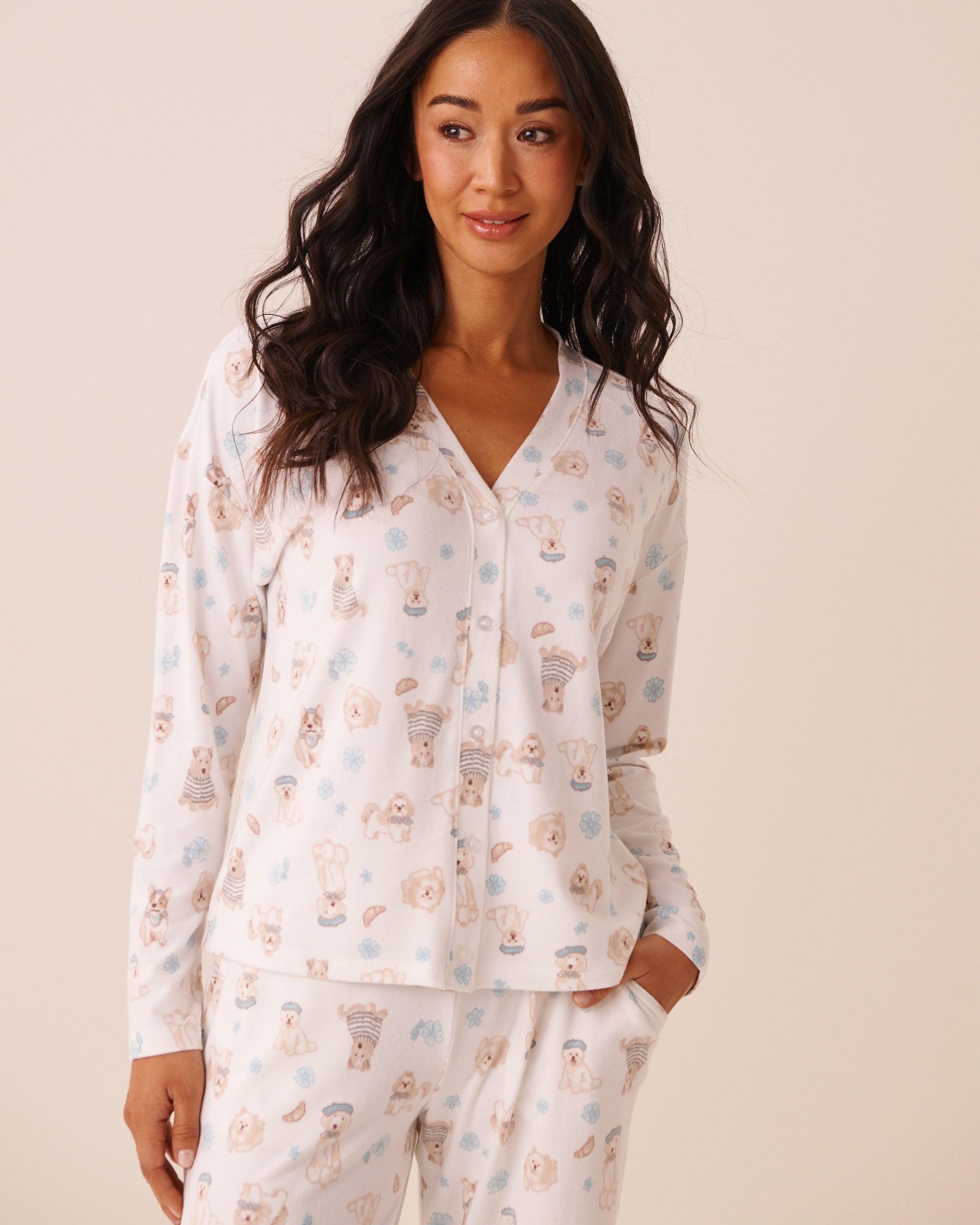 Dog Print Soft Knit Long Sleeve Button-down Top