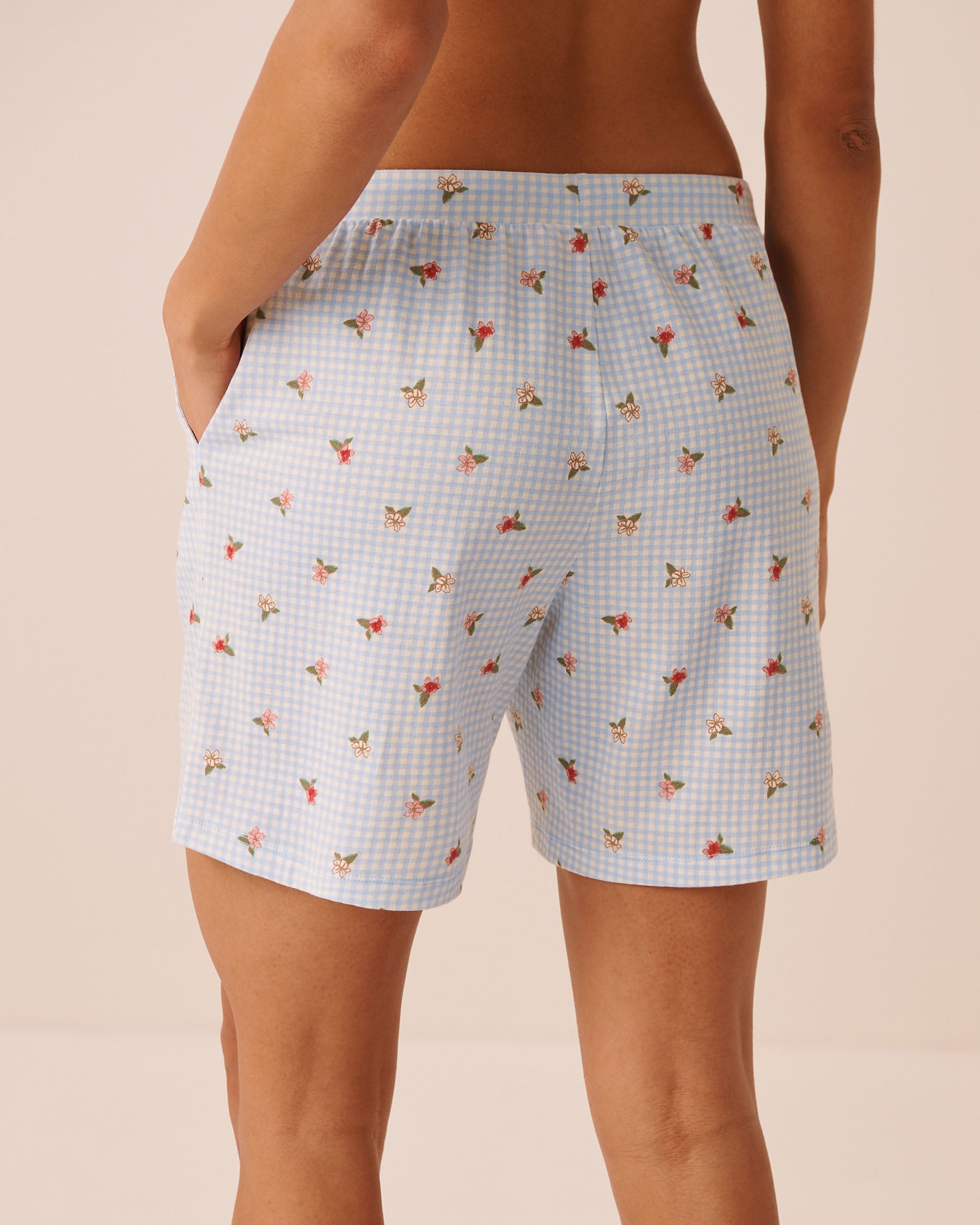 Gingham Floral Print Cotton Pyjama Bermuda Shorts