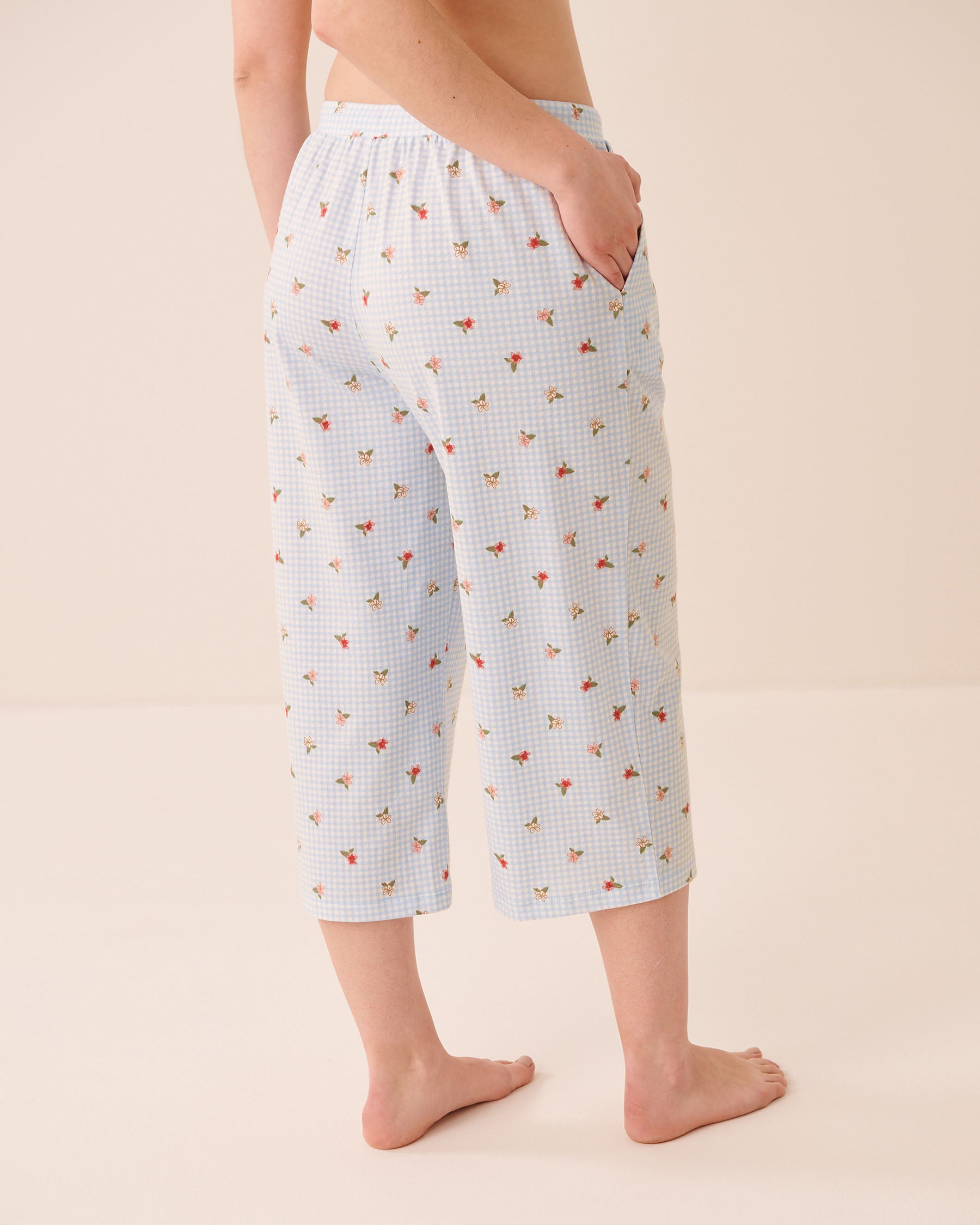 Gingham Floral Print Cotton Pyjama Capris