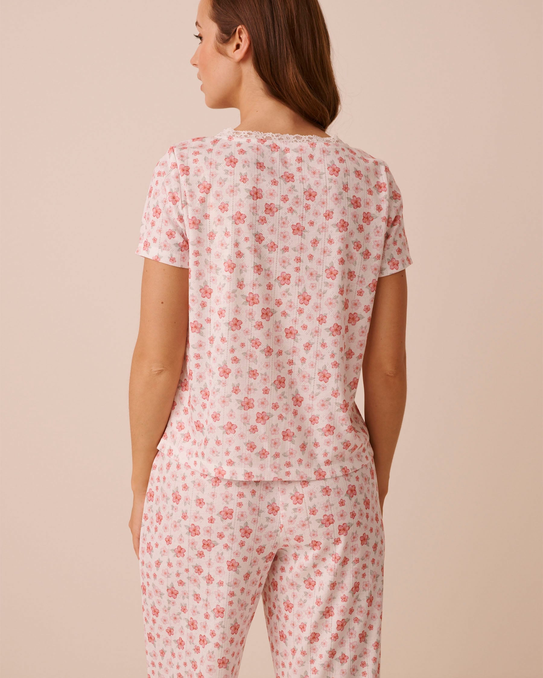 Hibiscus Print Pointelle Tie-Front Short Sleeve T-Shirt