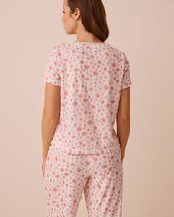 Hibiscus Print Pointelle Tie-Front Short Sleeve T-Shirt