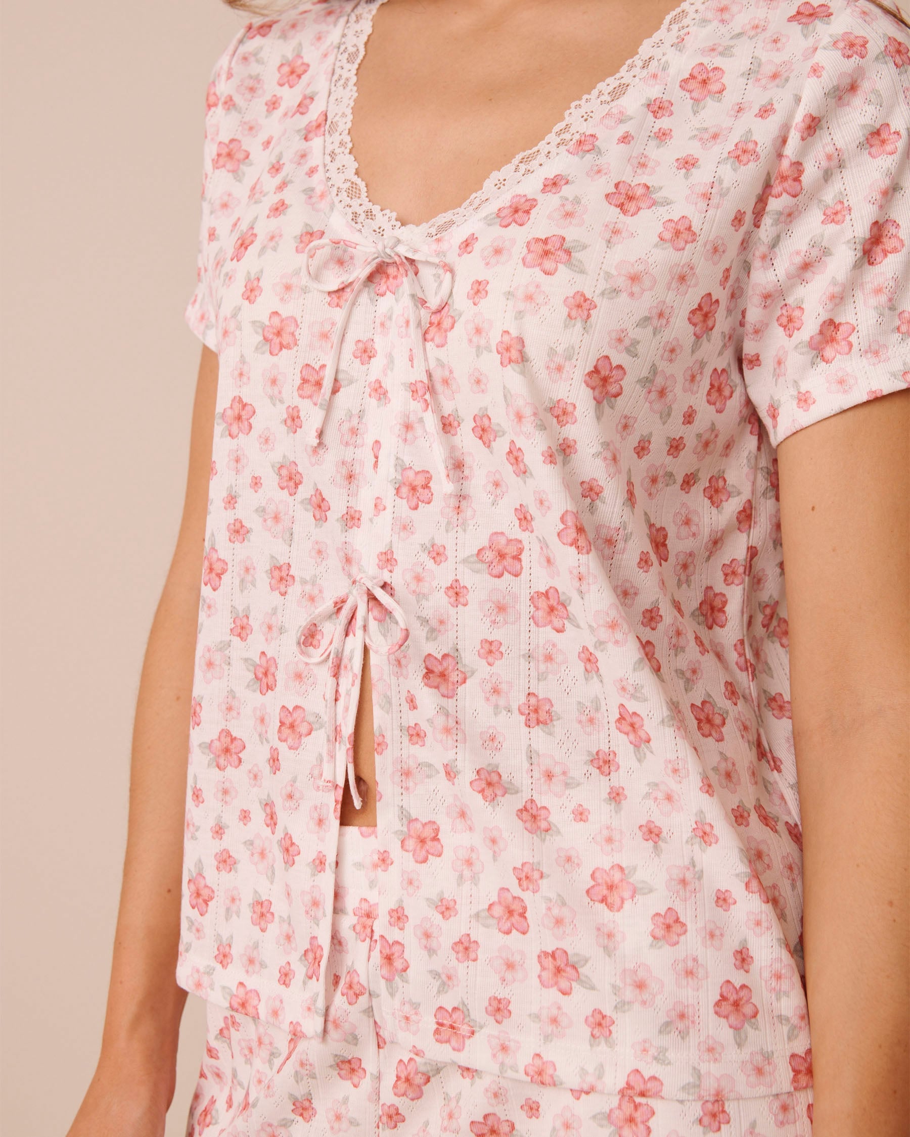 Hibiscus Print Pointelle Tie-Front Short Sleeve T-Shirt