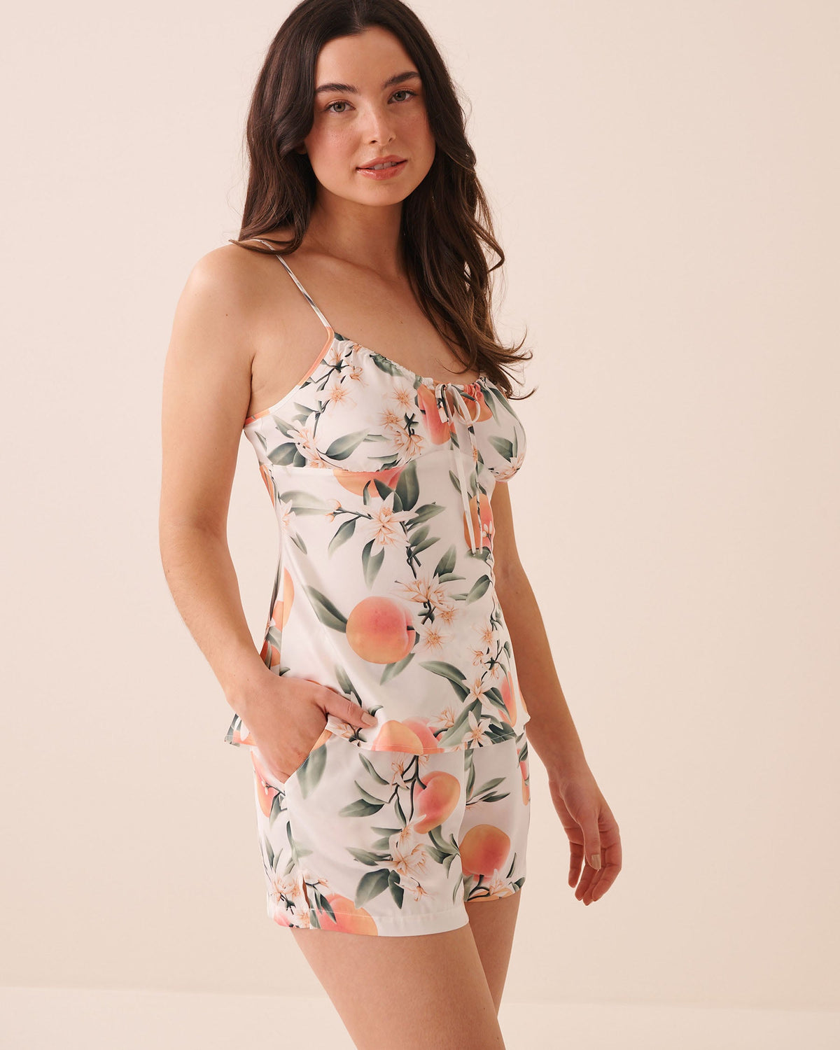 Peach Print Keyhole Tie Satin Cami Top