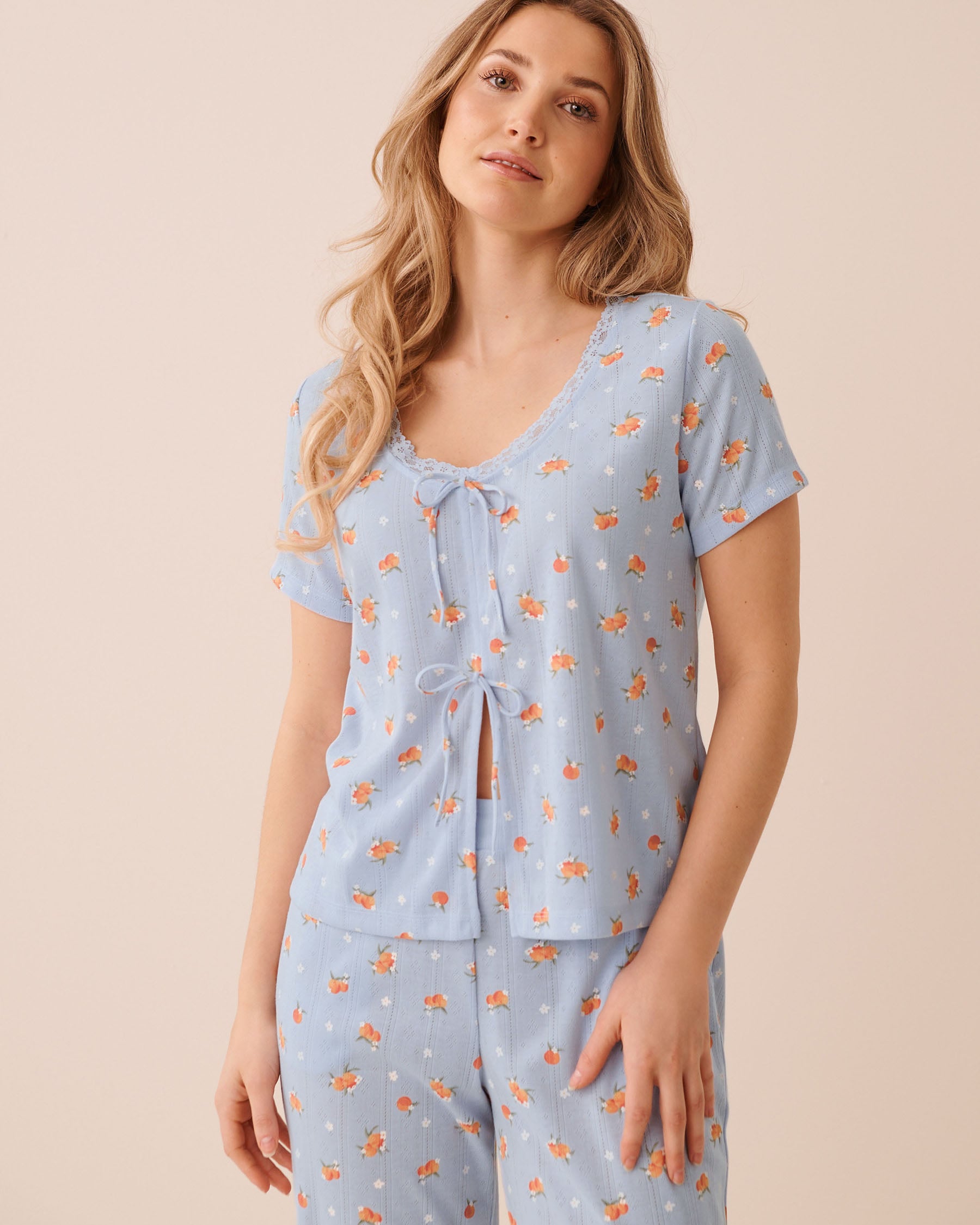 Peach Print Pointelle Tie-Front Short Sleeve T-shirt