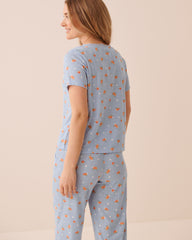 Peach Print Pointelle Tie-Front Short Sleeve T-shirt