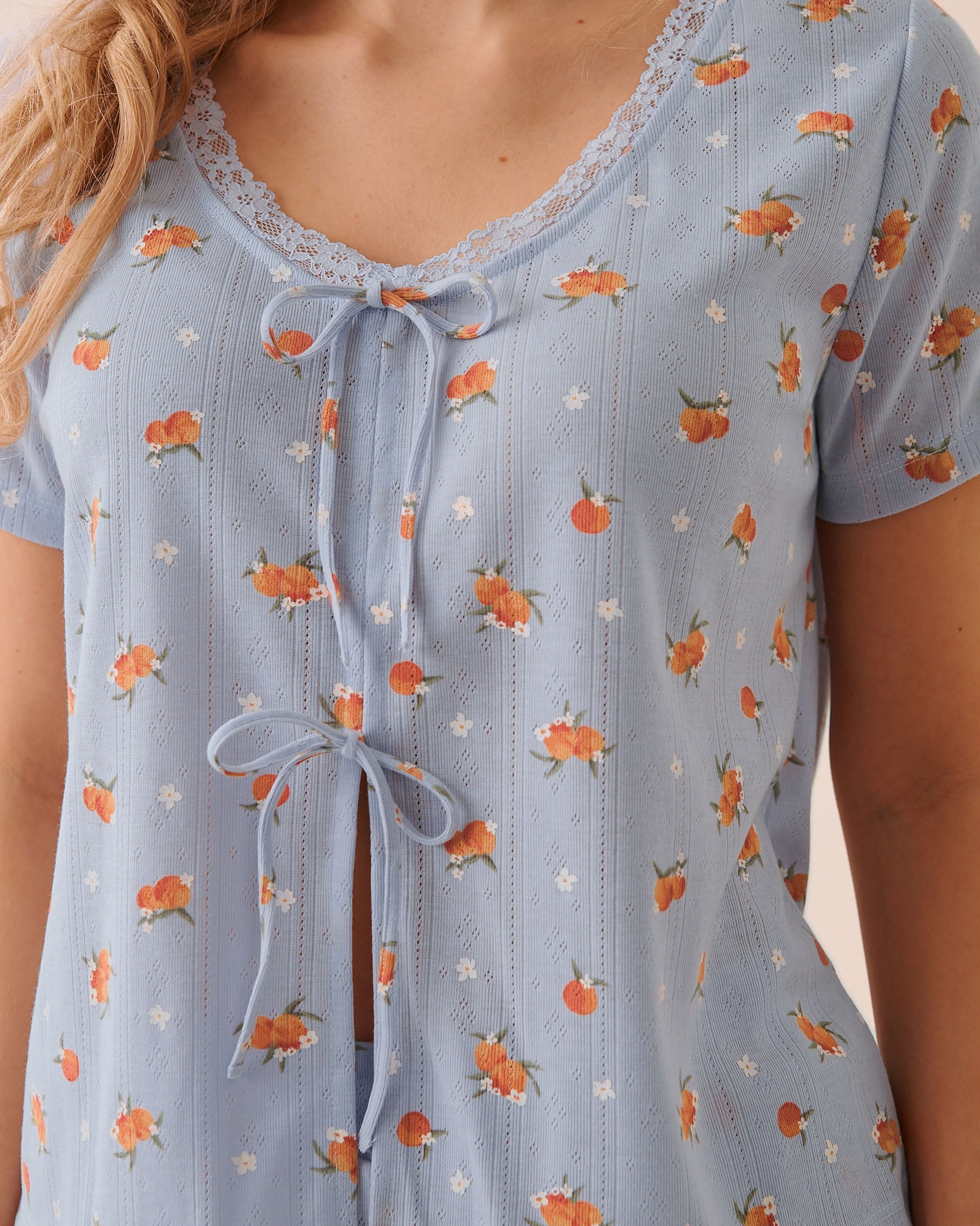 Peach Print Pointelle Tie-Front Short Sleeve T-shirt