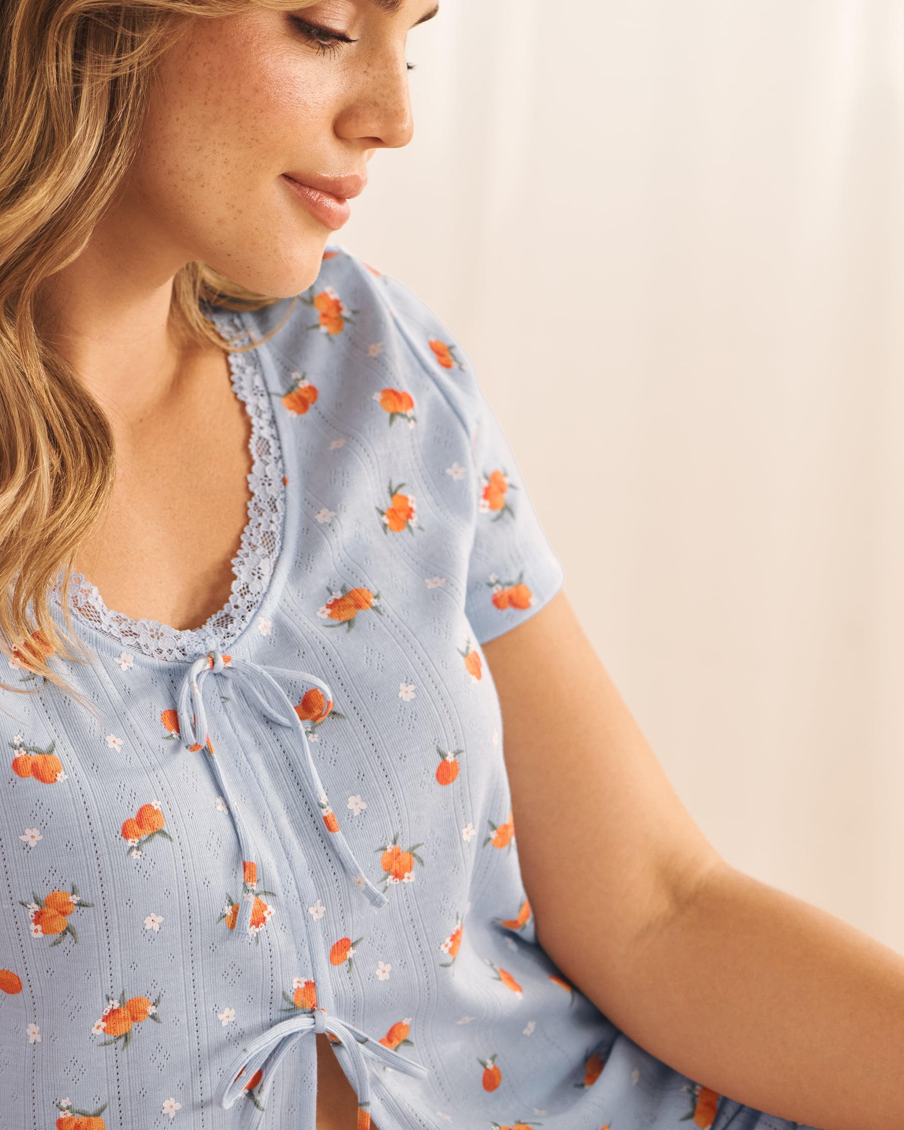 Peach Print Pointelle Tie-Front Short Sleeve T-shirt