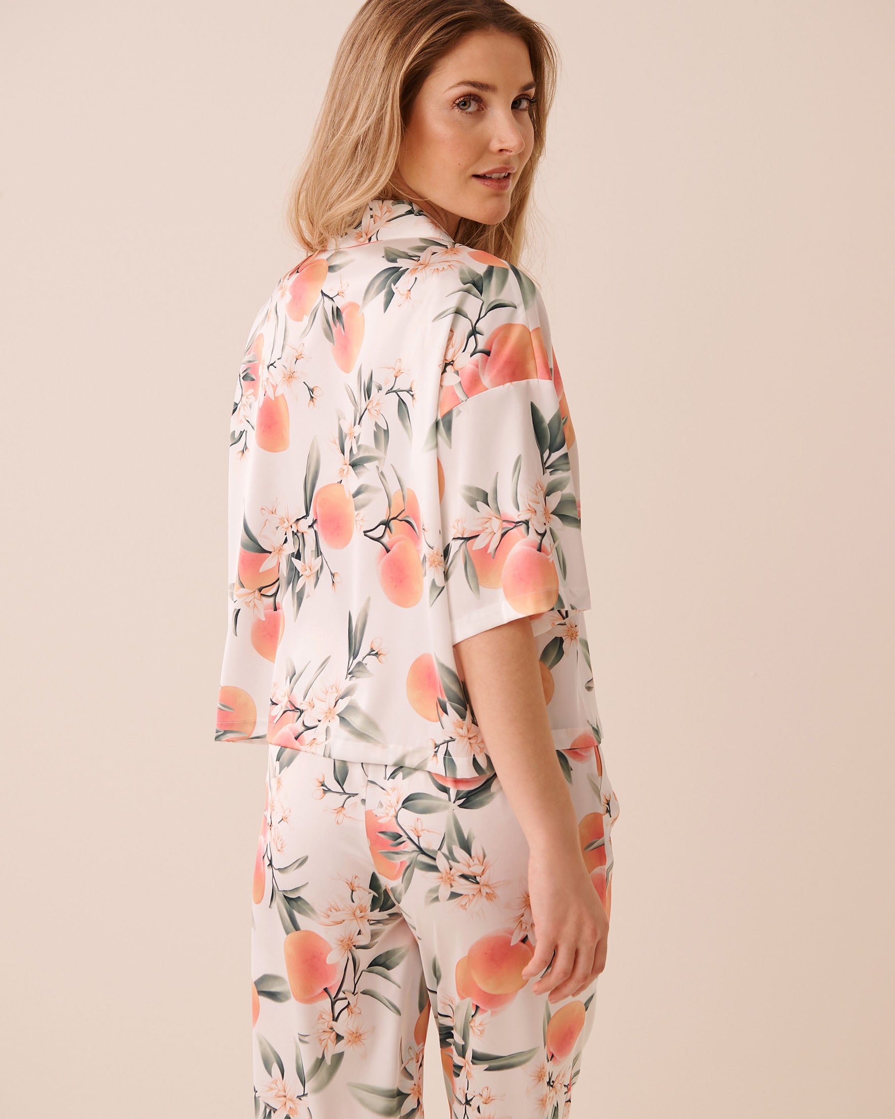 Peach Print Satin Short Sleeve Button-down Shirt