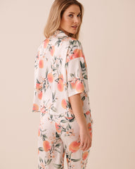 Peach Print Satin Short Sleeve Button-down Shirt