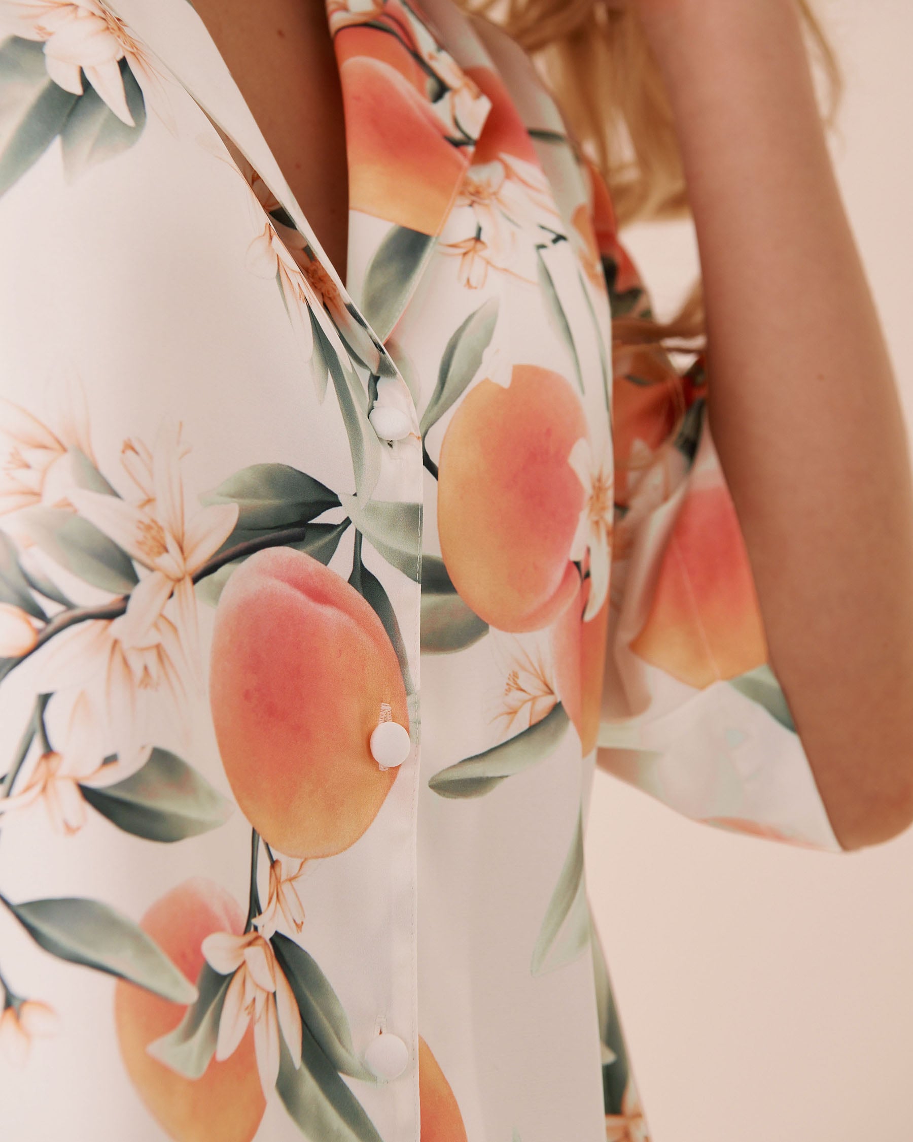 Peach Print Satin Short Sleeve Button-down Shirt