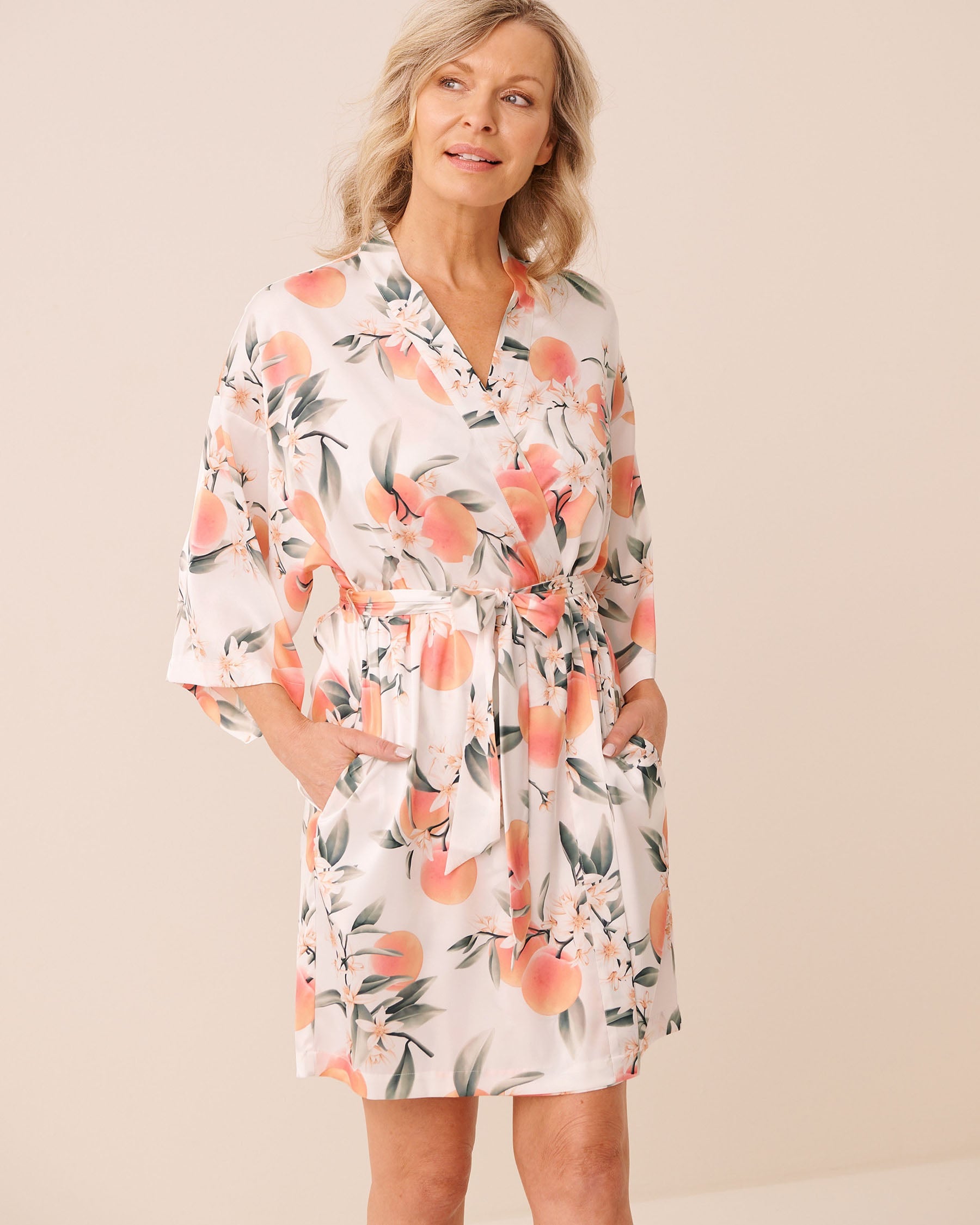 Peach Print Satin Kimono
