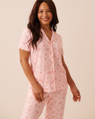 Floral Gingham Print Super Soft Short Sleeve Button-down Shirt