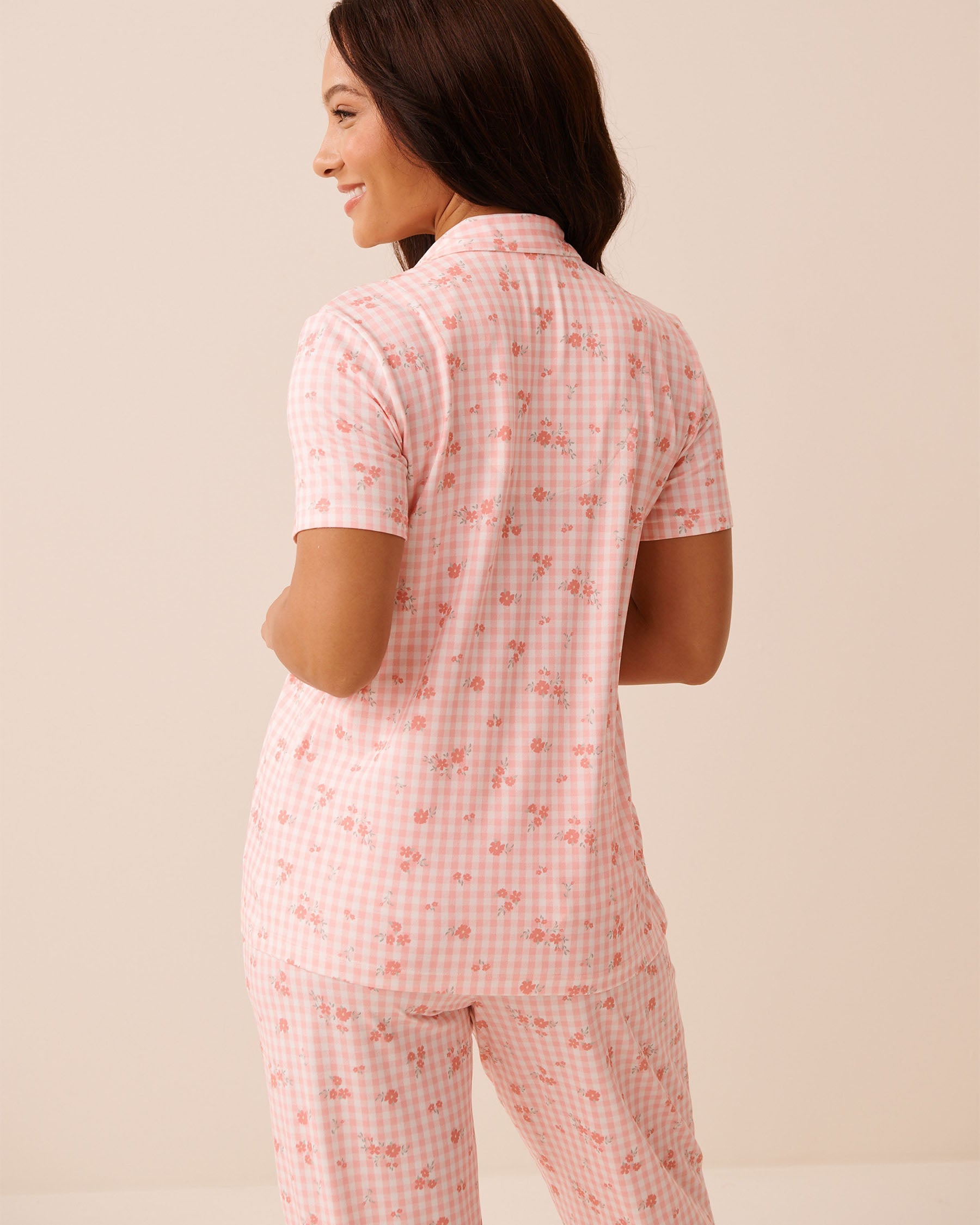 Floral Gingham Print Super Soft Short Sleeve Button-down Shirt
