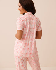 Floral Gingham Print Super Soft Short Sleeve Button-down Shirt