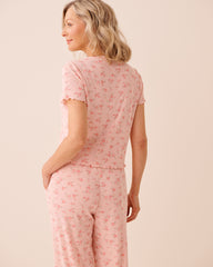 Floral Print Ruffle Hem Pointelle Short Sleeve T-shirt