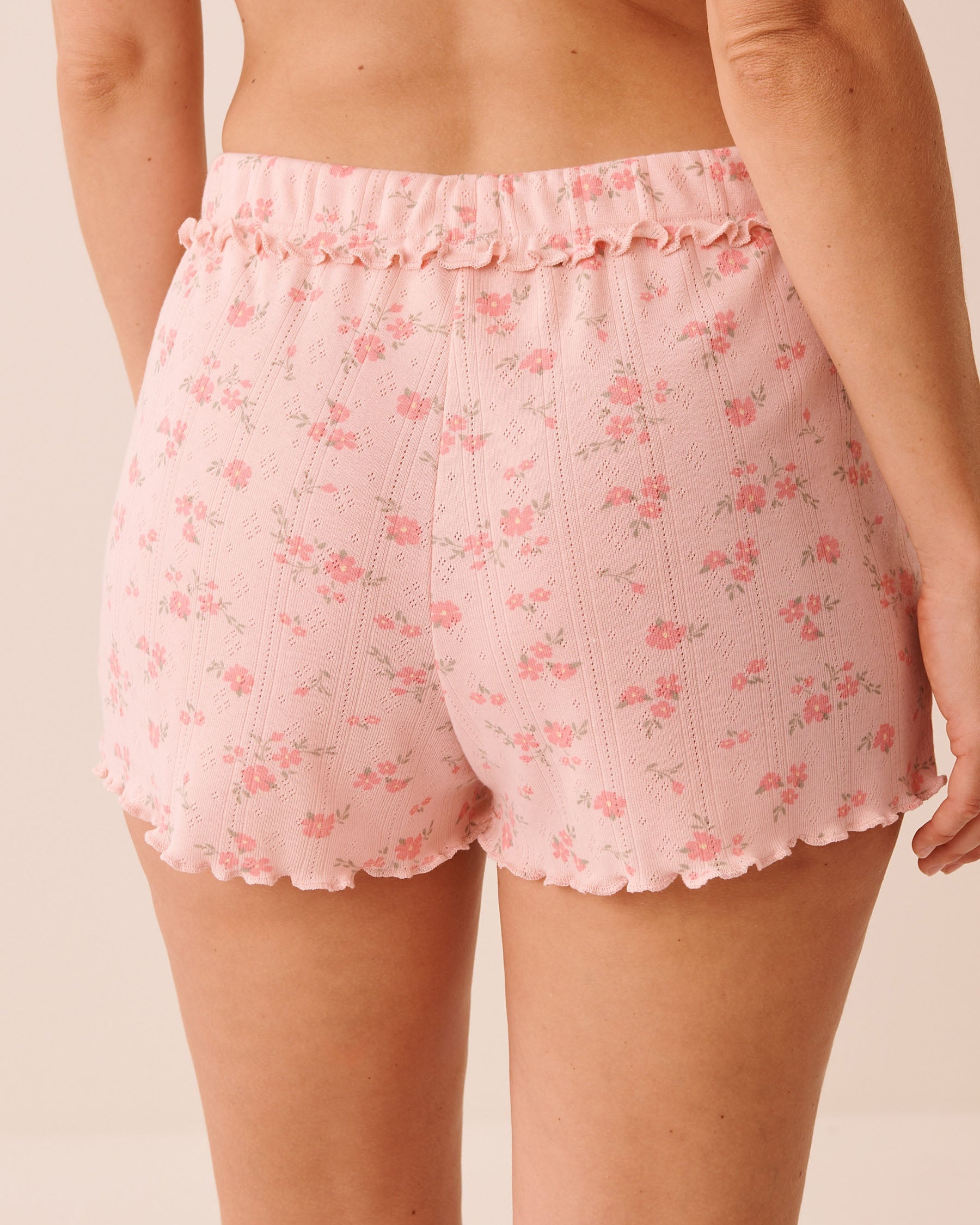 Floral Print Ruffle Hem Pointelle Pajama Shorts