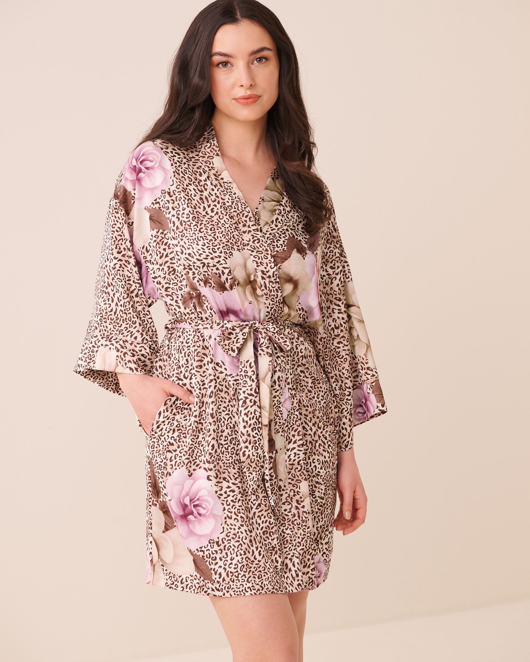 Floral Leopard Print Satin Kimono