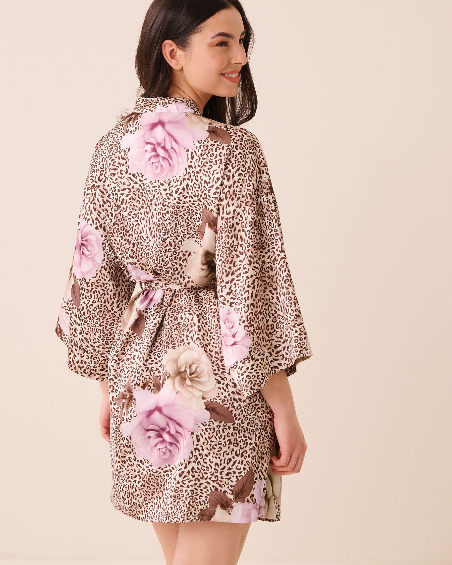 Floral Leopard Print Satin Kimono